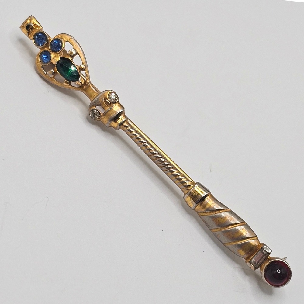 Vtg Scepter Bar Brooch Gold Tone Multi-Color Rhinestone Costume Royal 3" Pin